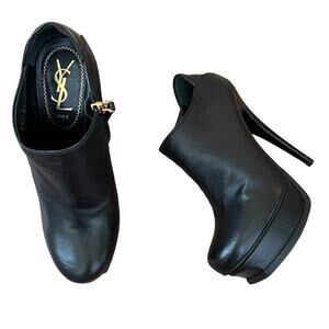 Yves Saint Laurent Womens Tribute 105 Black Leather Platform Heeled Ankle Boots